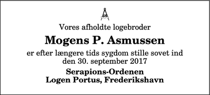 Dødsannoncen for Mogens P. Asmussen - Tranbjerg