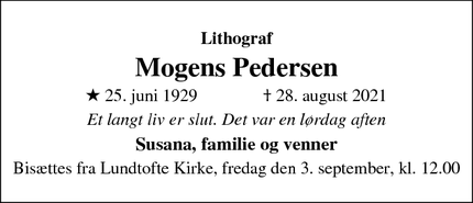 Dødsannoncen for Mogens Pedersen - Lyngby