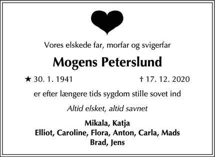 Dødsannoncen for Mogens Peterslund - Hørsholm