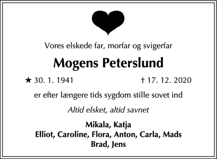 Dødsannoncen for Mogens Peterslund - Hørsholm
