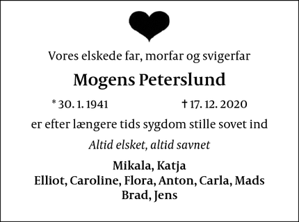 Dødsannoncen for Mogens Peterslund - Hørsholm