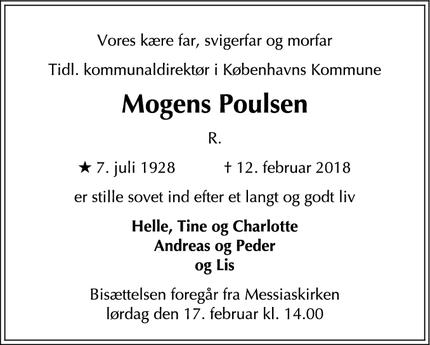 Dødsannoncen for Mogens Poulsen - Charlottenlund