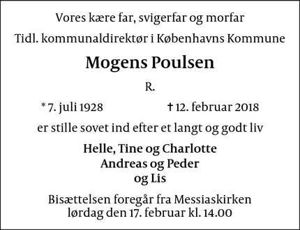 Dødsannoncen for Mogens Poulsen - Charlottenlund