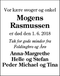 Dødsannoncen for Mogens Rasmussen - Foldingbro