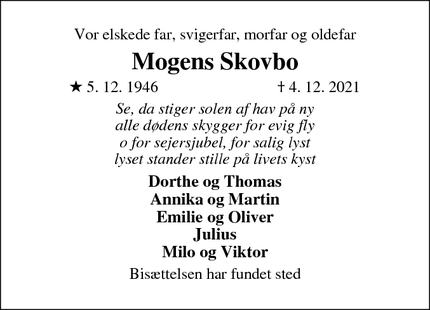 Dødsannoncen for Mogens Skovbo - Rønnebæk, Næstved