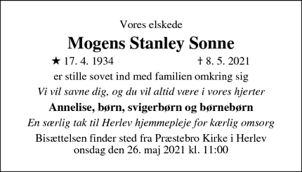 Dødsannoncen for Mogens Stanley Sonne - Herlev