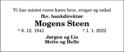 Dødsannoncen for Mogens Steen - Frederikshavn
