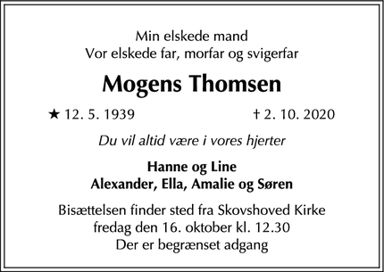 Dødsannoncen for Mogens Thomsen - Klampenborg