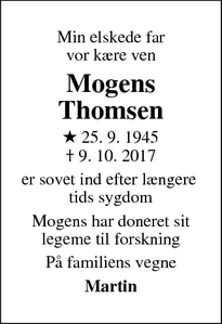 Dødsannoncen for Mogens Thomsen - Farum