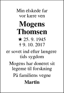 Dødsannoncen for Mogens Thomsen - Farum