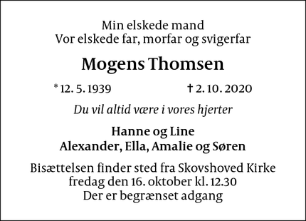 Dødsannoncen for Mogens Thomsen - Klampenborg