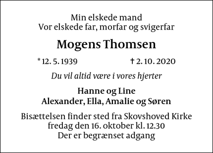 Dødsannoncen for Mogens Thomsen - Klampenborg