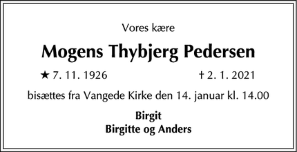 Dødsannoncen for Mogens Thybjerg Pedersen - Vangede