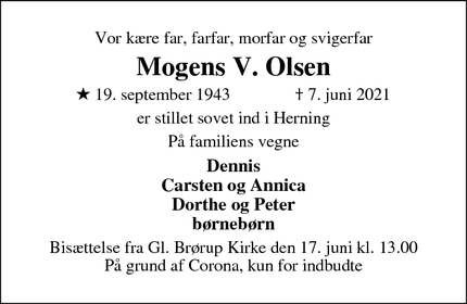 Dødsannoncen for Mogens V. Olsen - HERNING