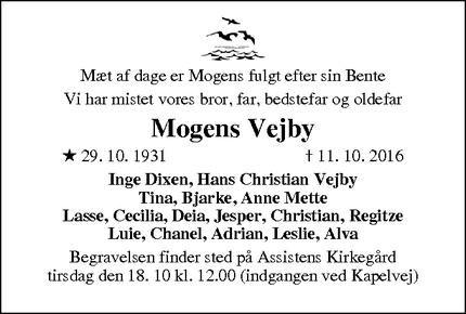 Dødsannoncen for Mogens Vejby - Frederiksberg