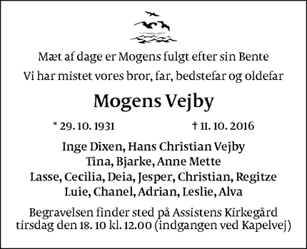 Dødsannoncen for Mogens Vejby - Frederiksberg