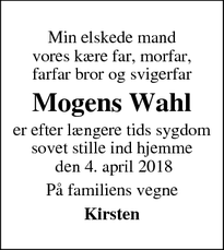 Dødsannoncen for Mogens Wahl - Vejle