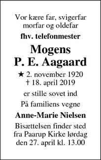 Dødsannoncen for Mogens
P. E. Aagaard - Odense