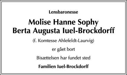 Dødsannoncen for Molise Hanne Sophy
Berta Augusta Iuel-Brockdorff - Vedbæk