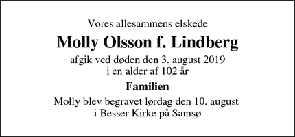 Dødsannoncen for Molly Olsson f. Lindberg - Århus