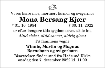 Dødsannoncen for Mona Bersang Kjær - Als