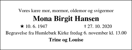 Dødsannoncen for Mona Birgit Hansen - Humlebæk