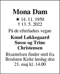 Dødsannoncen for Mona Dam - Bredsten