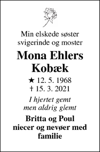 Dødsannoncen for Mona Ehlers Kobæk - Nykøbing M