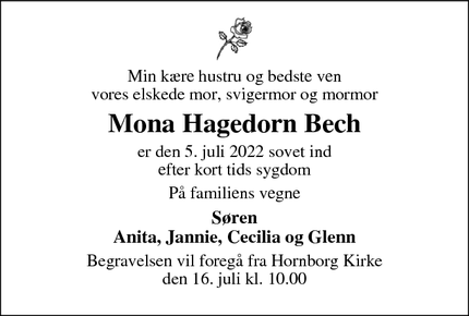 Dødsannoncen for Mona Hagedorn Bech - Tørring