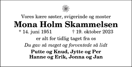 Dødsannoncen for Mona Holm Skammelsen - Svankær
