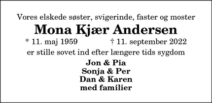 Dødsannoncen for Mona Kjær Andersen - Suldrup