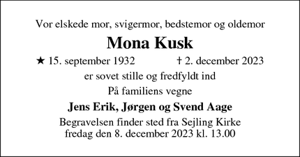 Dødsannoncen for Mona Kusk - Sejling