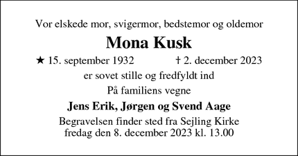 Dødsannoncen for Mona Kusk - Sejling