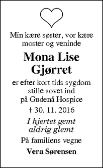 Dødsannoncen for Mona Lise Gjørret - Bording