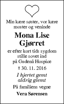 Dødsannoncen for Mona Lise Gjørret - Bording