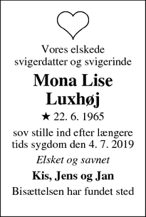Dødsannoncen for Mona Lise
Luxhøj - horsens