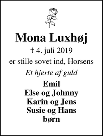 Dødsannoncen for Mona Luxhøj - Bryrup