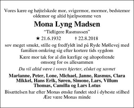 Dødsannoncen for Mona Lyng Madsen - Søllested