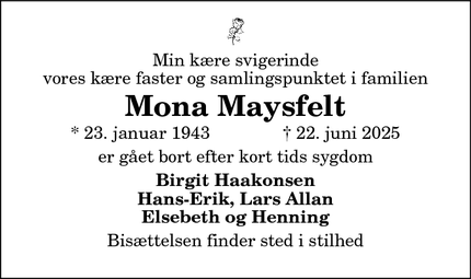 Dødsannoncen for Mona Maysfelt - Hjørring