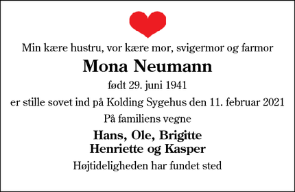 Dødsannoncen for Mona Neumann - kolding