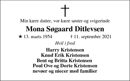 Dødsannoncen for Mona Søgaard Ditlevsen - Roslev