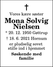 Dødsannoncen for Mona Solvig Nielsen - Fjerritslev