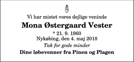 Dødsannoncen for Mona Østergaard Vester - Nykøbing Mors