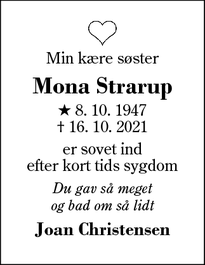 Dødsannoncen for Mona Strarup - Herning