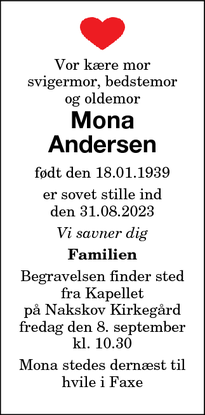 Dødsannoncen for Mona
Andersen - RIBE