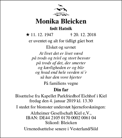 Dødsannoncen for Monika Bleicken - Kronshagen