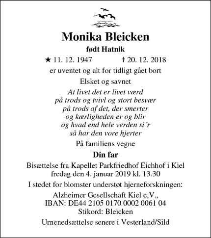 Dødsannoncen for Monika Bleicken - Kronshagen