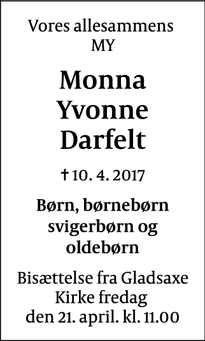 Dødsannoncen for Monna Yvonne Darfelt - Viborg