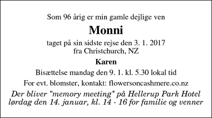 Dødsannoncen for Monni - Christchurch
