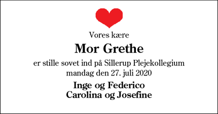 Dødsannoncen for Mor Grethe - Vojens